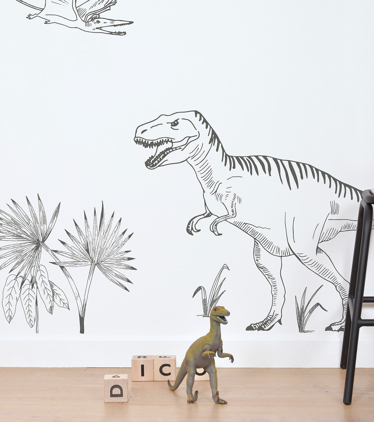 DINOSAURUS - Muurstickers muraux - Dinosaurussen: T - rex, pteranodon en palmboom