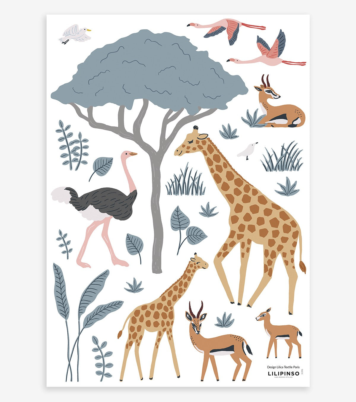 Muurstickers Savanne dieren - Giraffe, gazelle, struisvogel - TANZIANIA